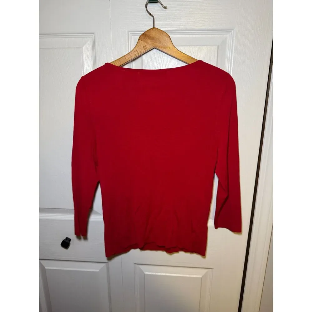 Lucia Burns Red Beaded Christmas Tree Sweater Women's Medium Holiday Knit Top